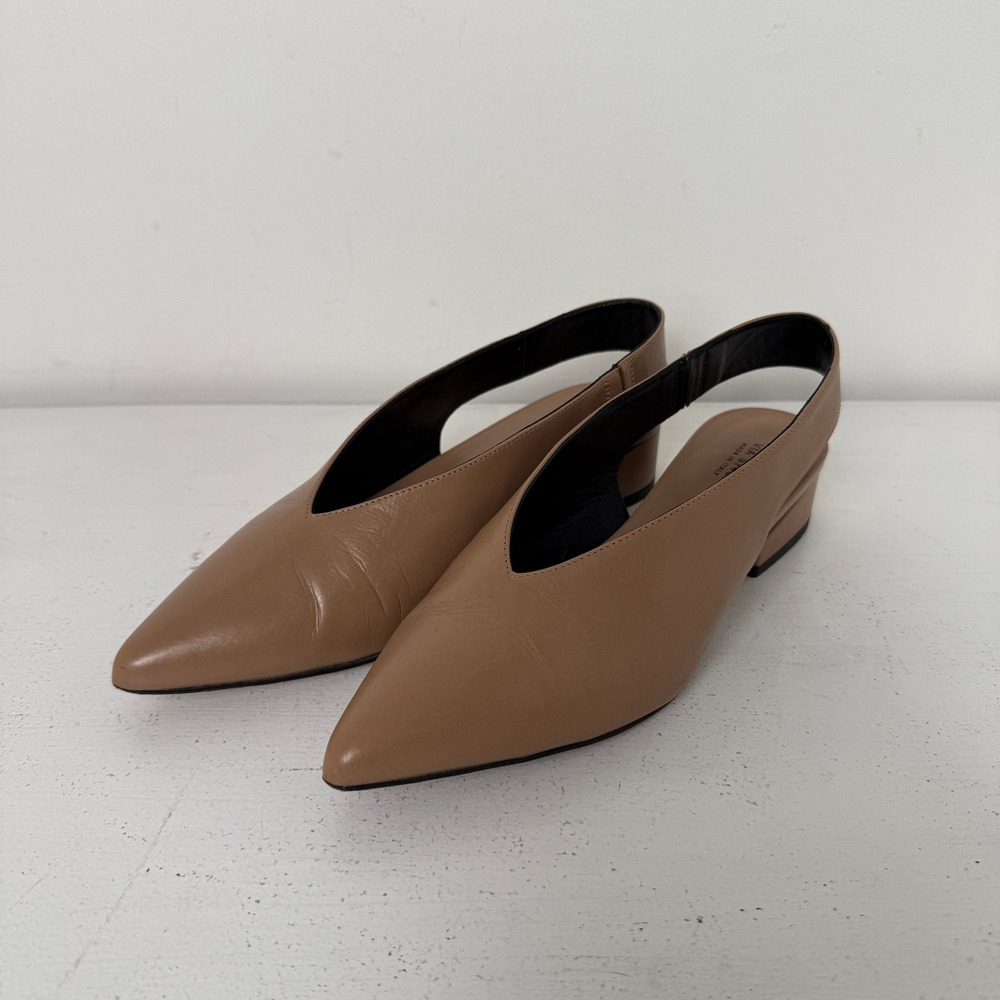 Via Spiga‎ Tan Leather Slingback V-Neck Pointed Toe Block Heel Pumps Womens 6.5M